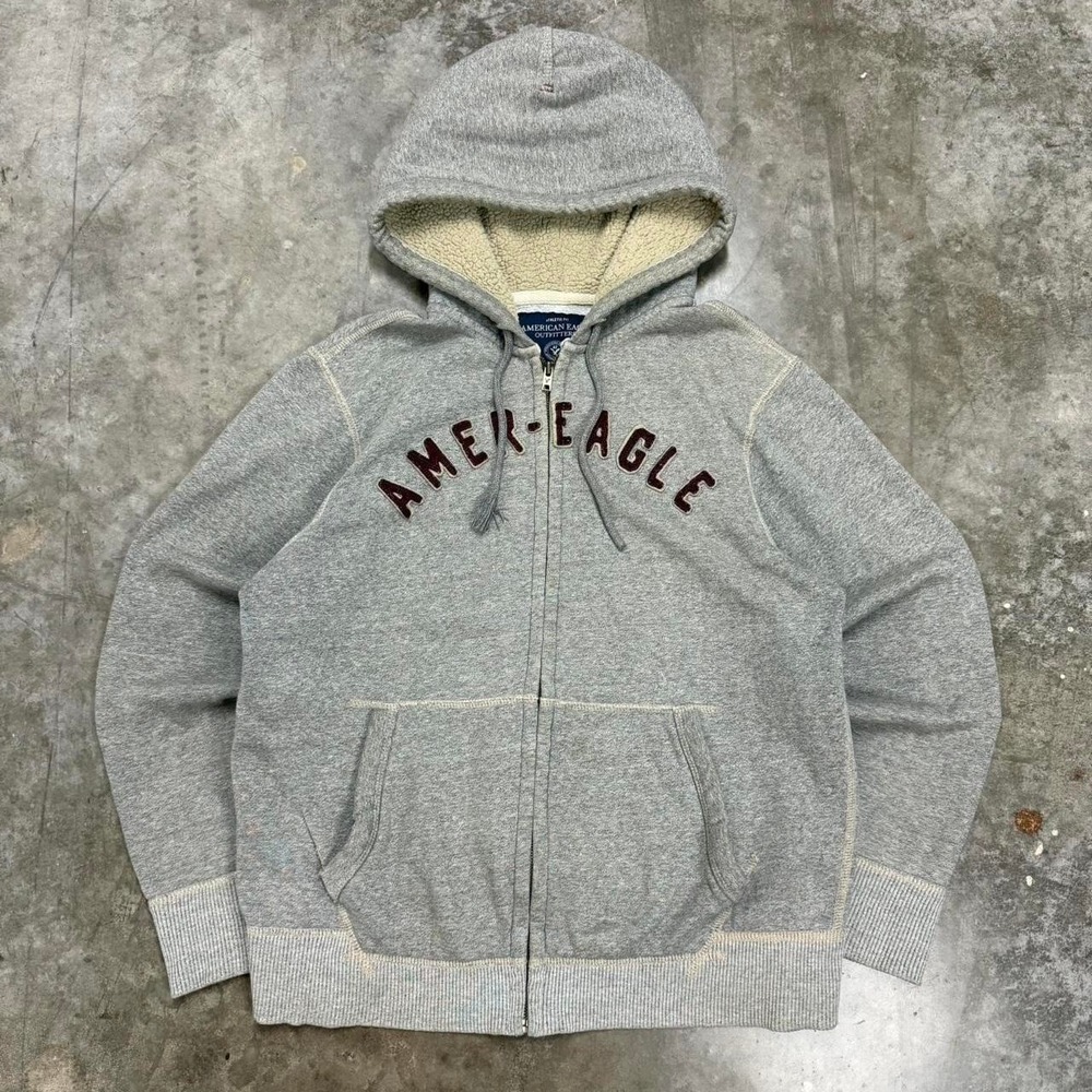 Y2K‎ American Eagle Gray Embroidered Sherpa Lined Hoodie Size M